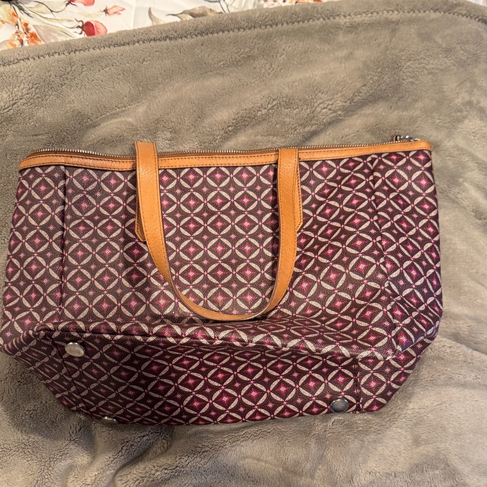 Fossil Purple Geometric Tote with Tan Handles